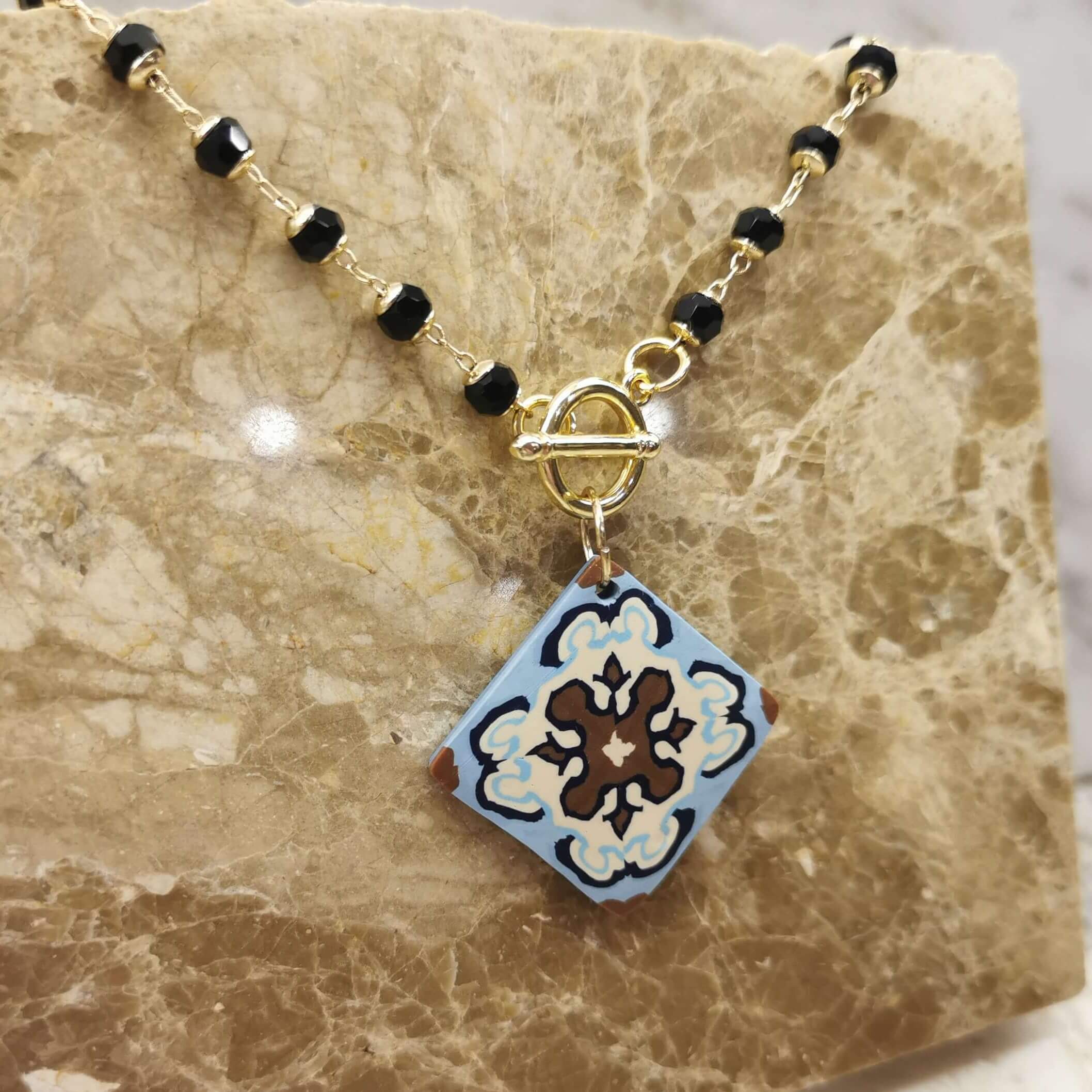 Tile necklace with glass bead chain Tile necklace with glass bead chain